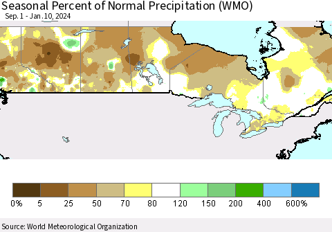 Canada Seasonal Percent of Normal Precipitation (WMO) Thematic Map For 9/1/2023 - 1/10/2024