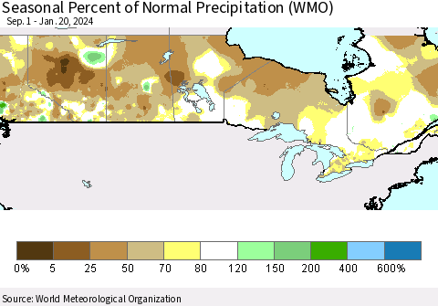 Canada Seasonal Percent of Normal Precipitation (WMO) Thematic Map For 9/1/2023 - 1/20/2024