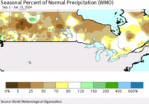 Canada Seasonal Percent of Normal Precipitation (WMO) Thematic Map For 9/1/2023 - 1/31/2024