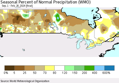Canada Seasonal Percent of Normal Precipitation (WMO) Thematic Map For 9/1/2023 - 2/20/2024