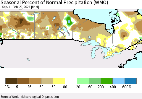 Canada Seasonal Percent of Normal Precipitation (WMO) Thematic Map For 9/1/2023 - 2/29/2024
