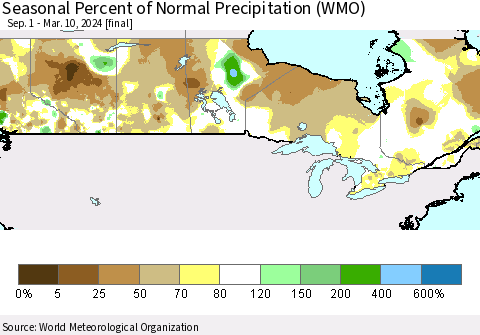 Canada Seasonal Percent of Normal Precipitation (WMO) Thematic Map For 9/1/2023 - 3/10/2024
