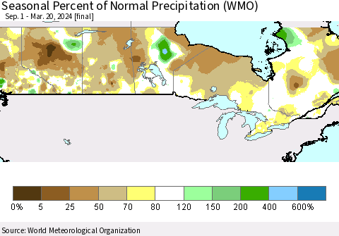 Canada Seasonal Percent of Normal Precipitation (WMO) Thematic Map For 9/1/2023 - 3/20/2024