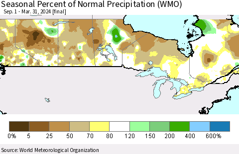 Canada Seasonal Percent of Normal Precipitation (WMO) Thematic Map For 9/1/2023 - 3/31/2024