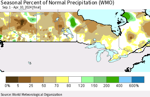 Canada Seasonal Percent of Normal Precipitation (WMO) Thematic Map For 9/1/2023 - 4/10/2024