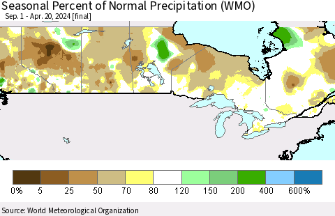 Canada Seasonal Percent of Normal Precipitation (WMO) Thematic Map For 9/1/2023 - 4/20/2024