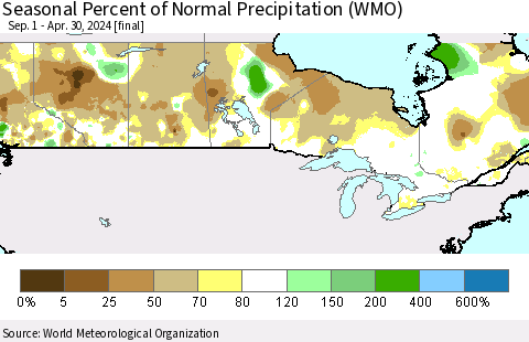 Canada Seasonal Percent of Normal Precipitation (WMO) Thematic Map For 9/1/2023 - 4/30/2024