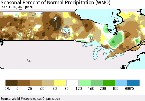 Canada Seasonal Percent of Normal Precipitation (WMO) Thematic Map For 9/1/2023 - 9/10/2023