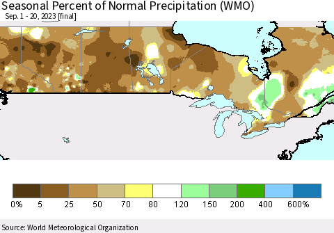 Canada Seasonal Percent of Normal Precipitation (WMO) Thematic Map For 9/1/2023 - 9/20/2023