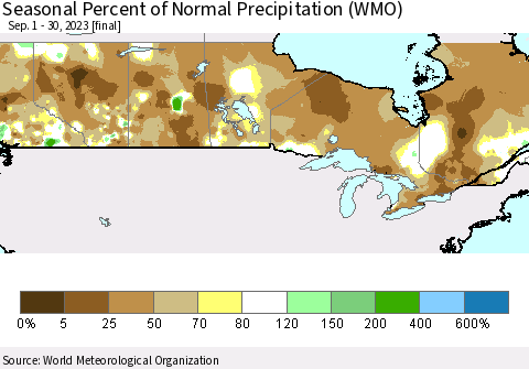 Canada Seasonal Percent of Normal Precipitation (WMO) Thematic Map For 9/1/2023 - 9/30/2023