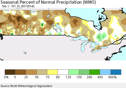 Canada Seasonal Percent of Normal Precipitation (WMO) Thematic Map For 9/1/2023 - 10/10/2023