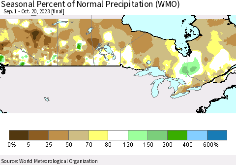 Canada Seasonal Percent of Normal Precipitation (WMO) Thematic Map For 9/1/2023 - 10/20/2023