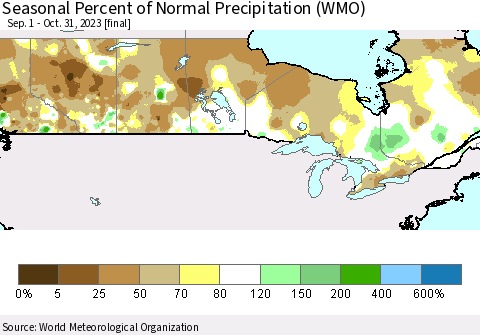 Canada Seasonal Percent of Normal Precipitation (WMO) Thematic Map For 9/1/2023 - 10/31/2023