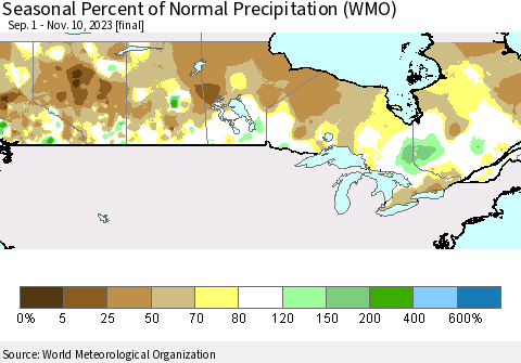 Canada Seasonal Percent of Normal Precipitation (WMO) Thematic Map For 9/1/2023 - 11/10/2023