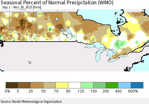 Canada Seasonal Percent of Normal Precipitation (WMO) Thematic Map For 9/1/2023 - 11/20/2023