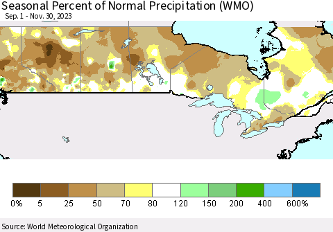 Canada Seasonal Percent of Normal Precipitation (WMO) Thematic Map For 9/1/2023 - 11/30/2023