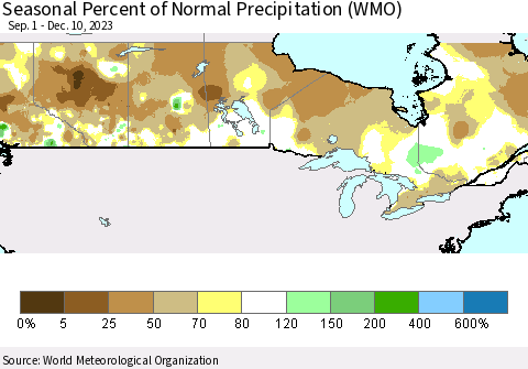 Canada Seasonal Percent of Normal Precipitation (WMO) Thematic Map For 9/1/2023 - 12/10/2023