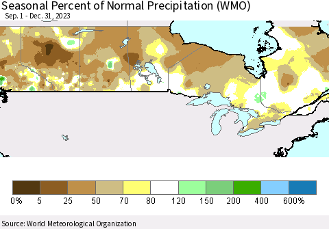 Canada Seasonal Percent of Normal Precipitation (WMO) Thematic Map For 9/1/2023 - 12/31/2023