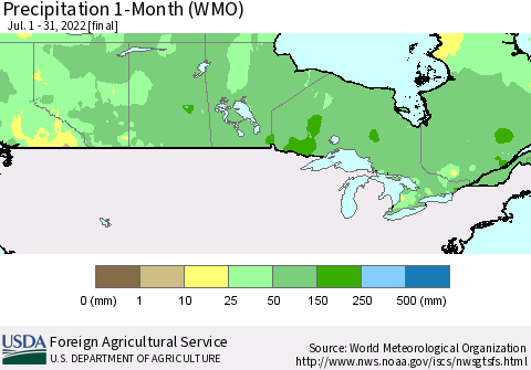 Canada Precipitation 1-Month (WMO) Thematic Map For 7/1/2022 - 7/31/2022