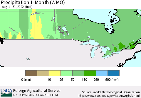 Canada Precipitation 1-Month (WMO) Thematic Map For 8/1/2022 - 8/31/2022