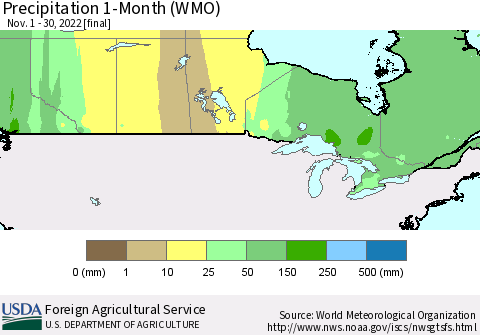 Canada Precipitation 1-Month (WMO) Thematic Map For 11/1/2022 - 11/30/2022