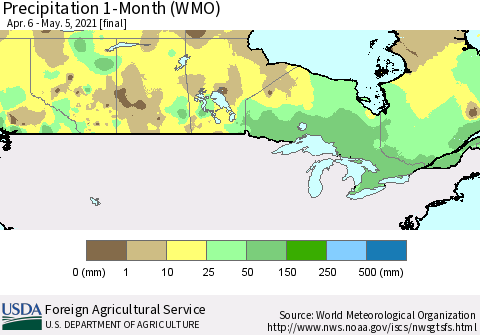 Canada Precipitation 1-Month (WMO) Thematic Map For 4/6/2021 - 5/5/2021