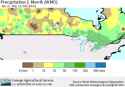 Canada Precipitation 1-Month (WMO) Thematic Map For 4/11/2021 - 5/10/2021