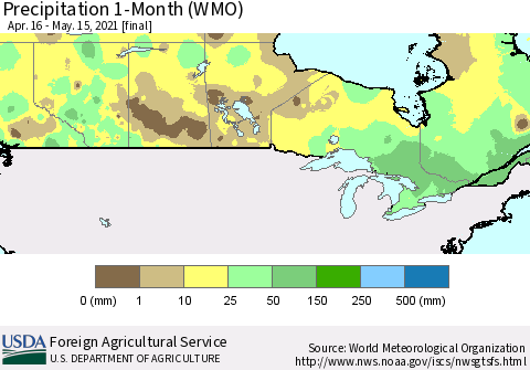 Canada Precipitation 1-Month (WMO) Thematic Map For 4/16/2021 - 5/15/2021