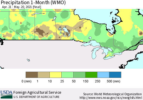 Canada Precipitation 1-Month (WMO) Thematic Map For 4/21/2021 - 5/20/2021