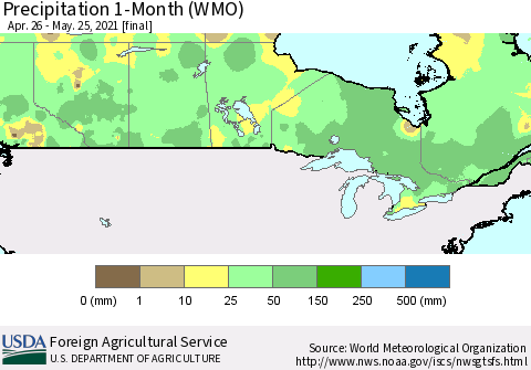 Canada Precipitation 1-Month (WMO) Thematic Map For 4/26/2021 - 5/25/2021