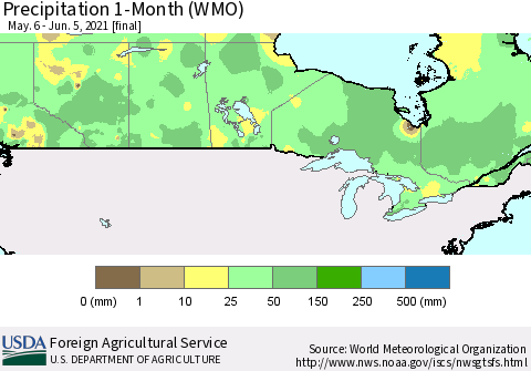 Canada Precipitation 1-Month (WMO) Thematic Map For 5/6/2021 - 6/5/2021