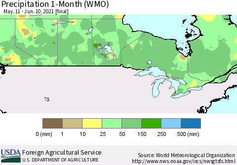 Canada Precipitation 1-Month (WMO) Thematic Map For 5/11/2021 - 6/10/2021