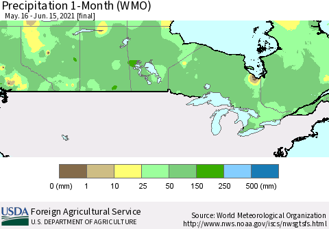 Canada Precipitation 1-Month (WMO) Thematic Map For 5/16/2021 - 6/15/2021