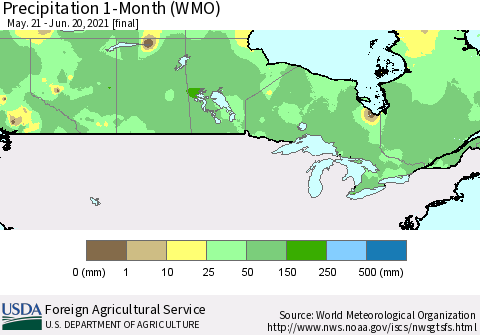 Canada Precipitation 1-Month (WMO) Thematic Map For 5/21/2021 - 6/20/2021