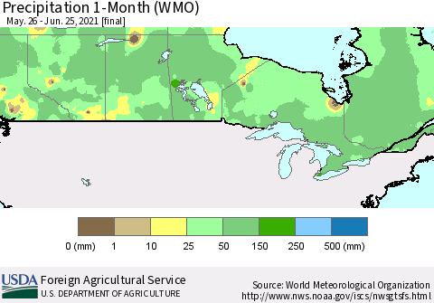 Canada Precipitation 1-Month (WMO) Thematic Map For 5/26/2021 - 6/25/2021