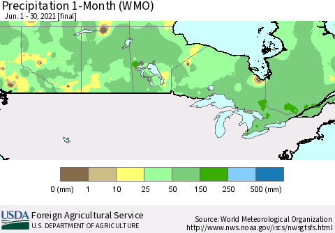 Canada Precipitation 1-Month (WMO) Thematic Map For 6/1/2021 - 6/30/2021