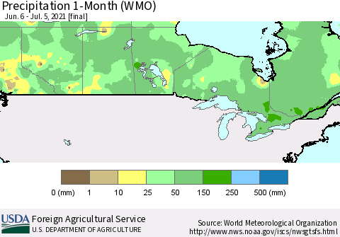 Canada Precipitation 1-Month (WMO) Thematic Map For 6/6/2021 - 7/5/2021