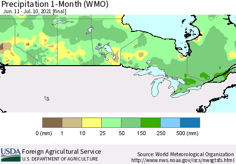 Canada Precipitation 1-Month (WMO) Thematic Map For 6/11/2021 - 7/10/2021