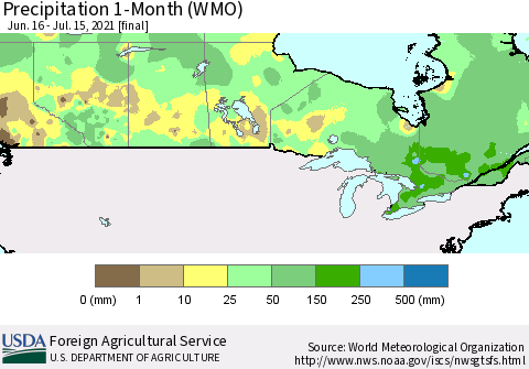 Canada Precipitation 1-Month (WMO) Thematic Map For 6/16/2021 - 7/15/2021