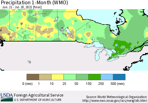 Canada Precipitation 1-Month (WMO) Thematic Map For 6/21/2021 - 7/20/2021