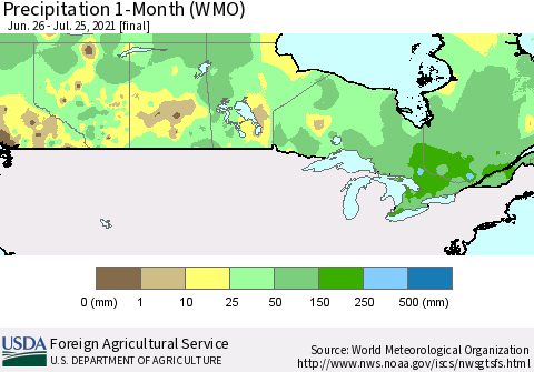 Canada Precipitation 1-Month (WMO) Thematic Map For 6/26/2021 - 7/25/2021
