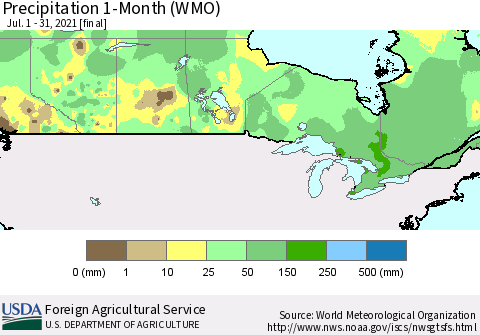 Canada Precipitation 1-Month (WMO) Thematic Map For 7/1/2021 - 7/31/2021