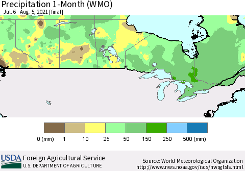 Canada Precipitation 1-Month (WMO) Thematic Map For 7/6/2021 - 8/5/2021