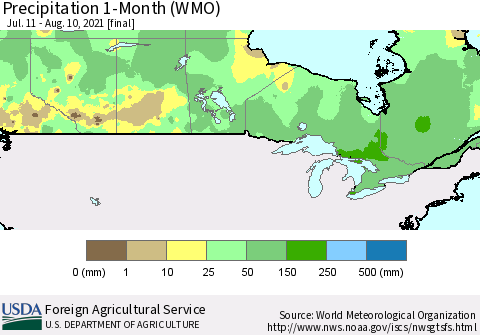 Canada Precipitation 1-Month (WMO) Thematic Map For 7/11/2021 - 8/10/2021