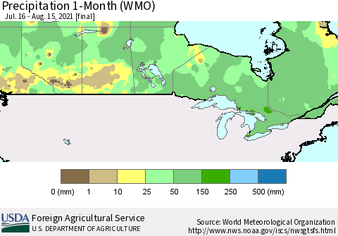 Canada Precipitation 1-Month (WMO) Thematic Map For 7/16/2021 - 8/15/2021