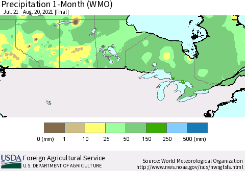 Canada Precipitation 1-Month (WMO) Thematic Map For 7/21/2021 - 8/20/2021