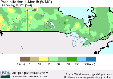 Canada Precipitation 1-Month (WMO) Thematic Map For 7/26/2021 - 8/25/2021