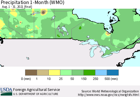 Canada Precipitation 1-Month (WMO) Thematic Map For 8/1/2021 - 8/31/2021