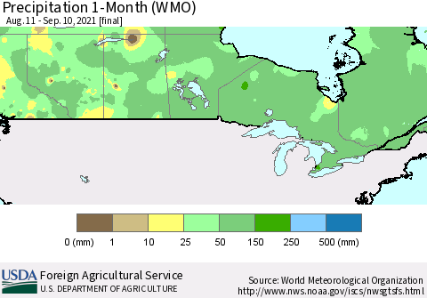 Canada Precipitation 1-Month (WMO) Thematic Map For 8/11/2021 - 9/10/2021
