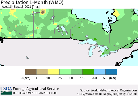 Canada Precipitation 1-Month (WMO) Thematic Map For 8/16/2021 - 9/15/2021